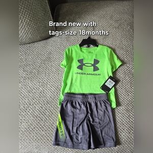 Under Armour Neon Green Tee with Gray Athletic Shorts - Toddler